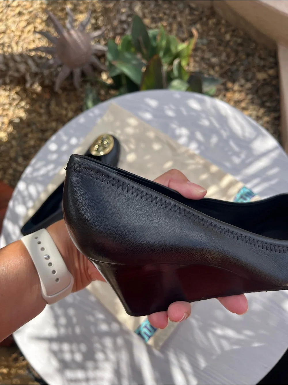 Tory Burch Sally Black Leather Wedge Pumps with Gold Medallion